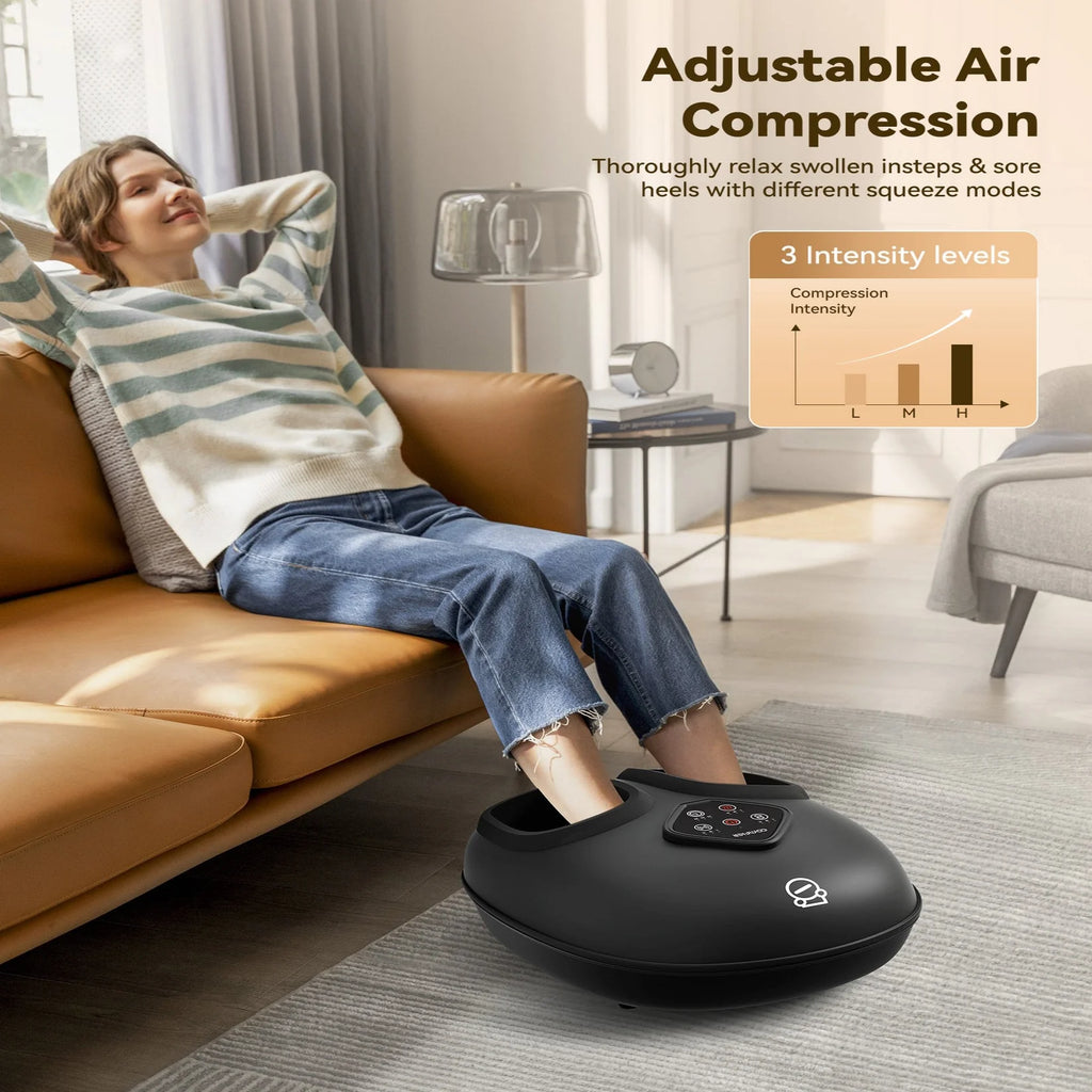 Person using a foot massager in a living room with text about adjustable air compression.