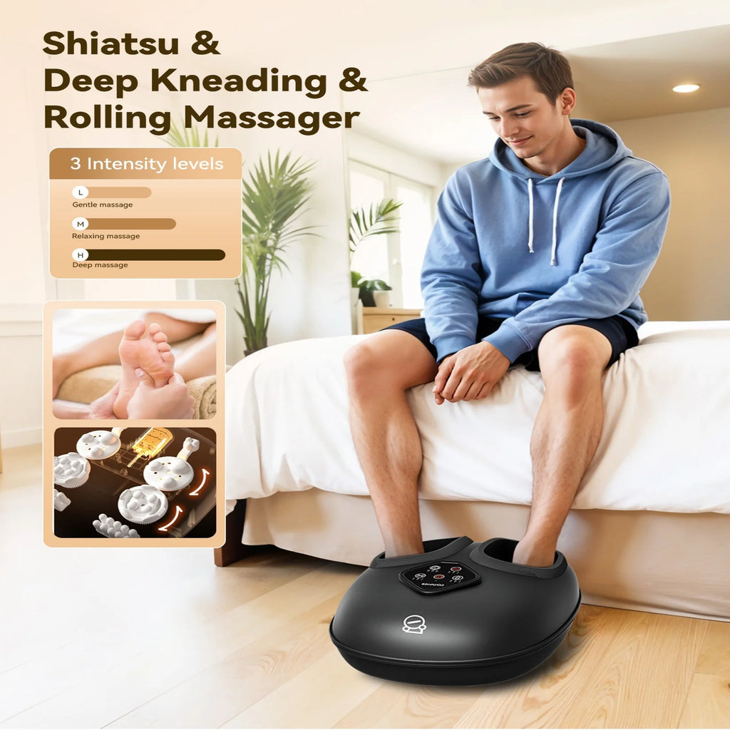 Person using a foot massager with text on intensity levels in a bedroom setting