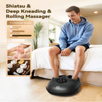 Person using a foot massager with text on intensity levels in a bedroom setting