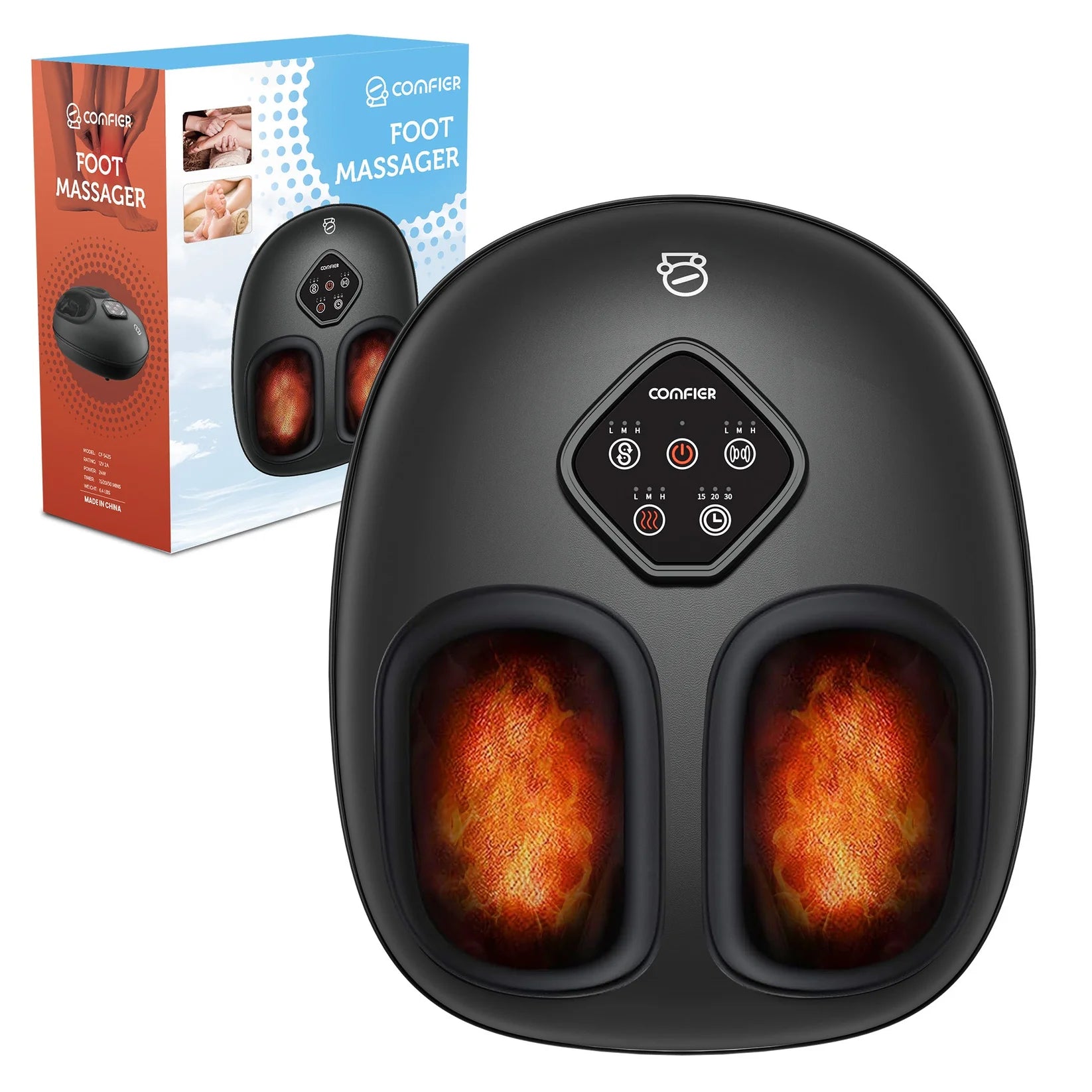Conifer foot massager shown in front of its retail box on a white background. The massager is black with two illuminated orange-red massage compartments and a central control panel.