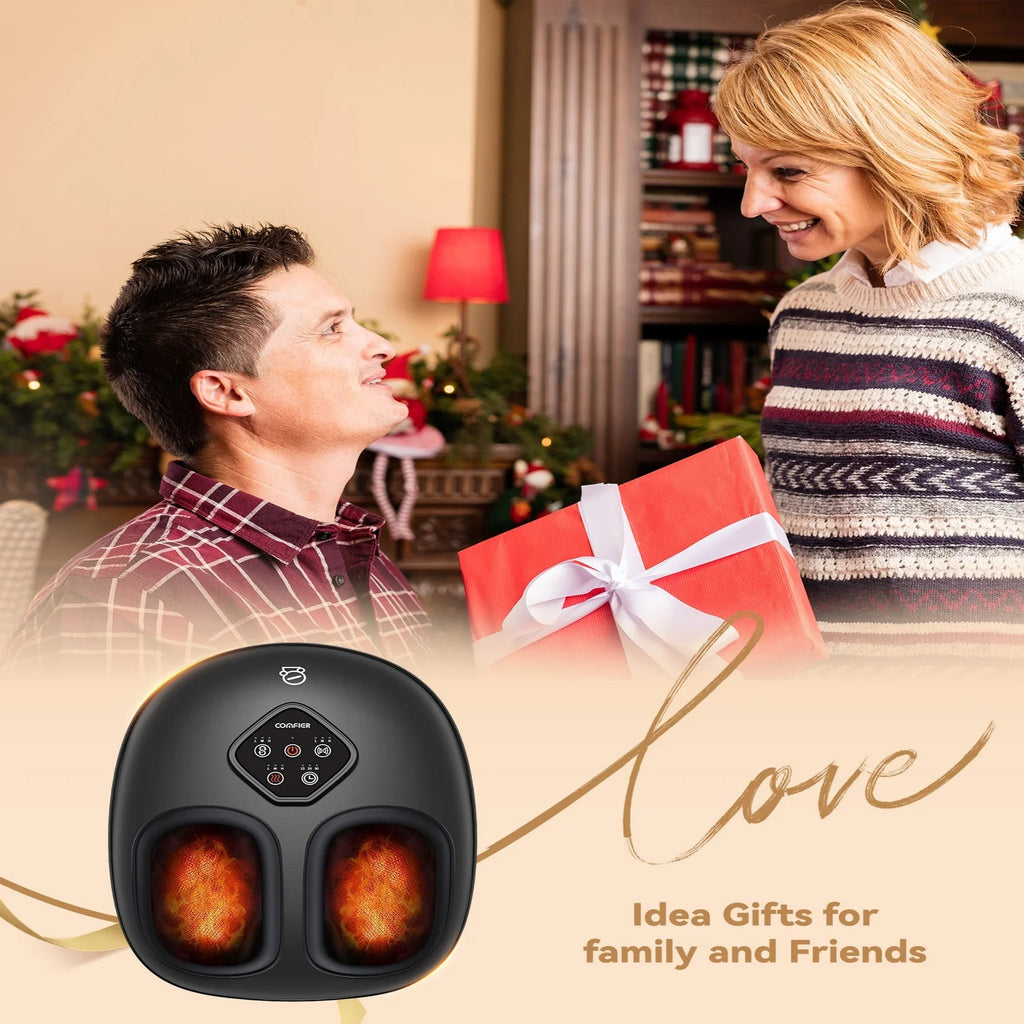 Foot massager with a couple in a festive setting, gift box, and 'Love' text overlay.