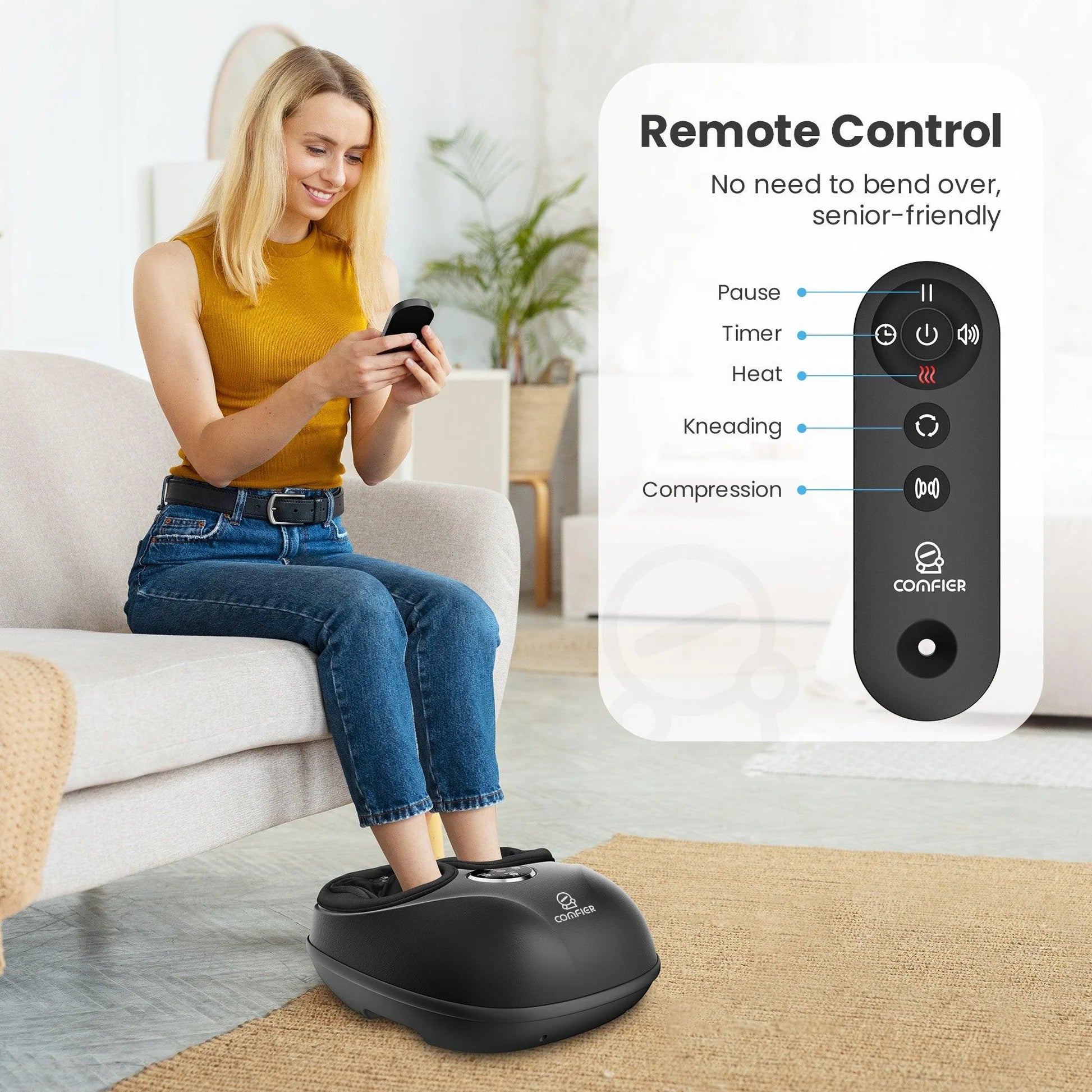 Woman using a foot massager with a remote control in a living room setting
