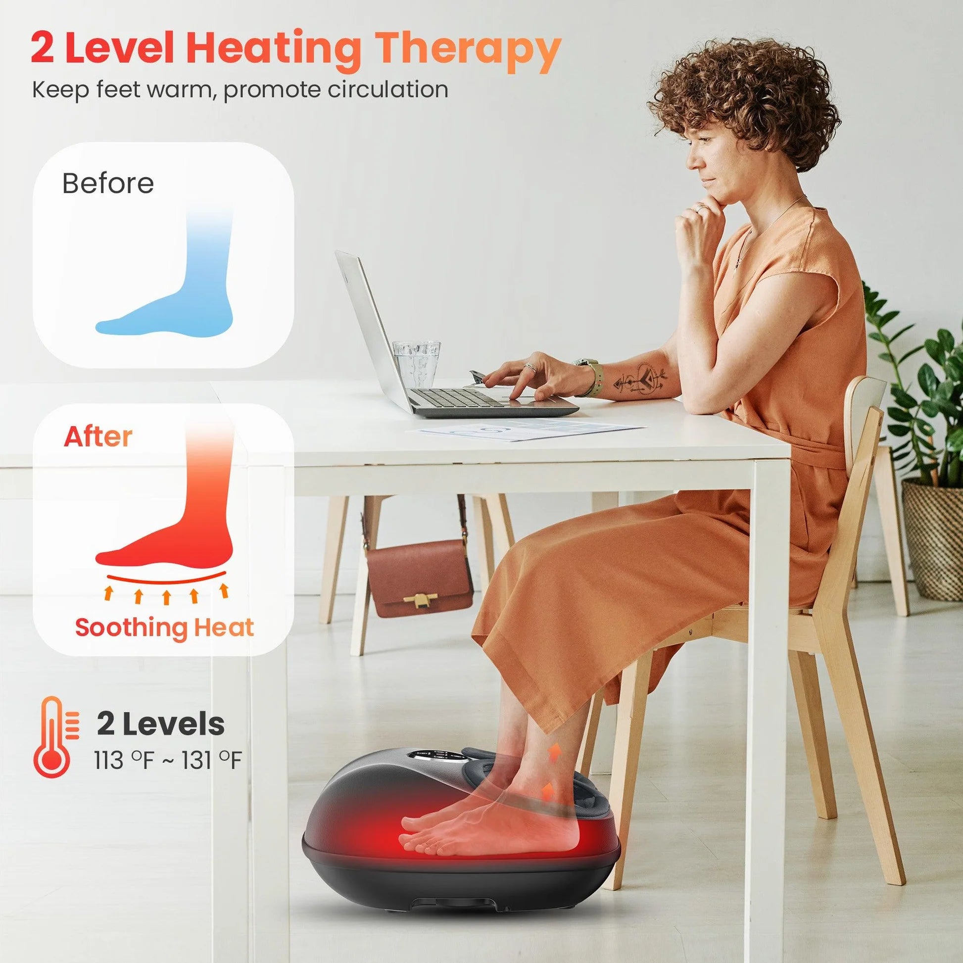 A woman sits at a white desk using a red and black foot massage heating pad on her feet. The image includes marketing text and before/after graphics showing foot circulation benefits.