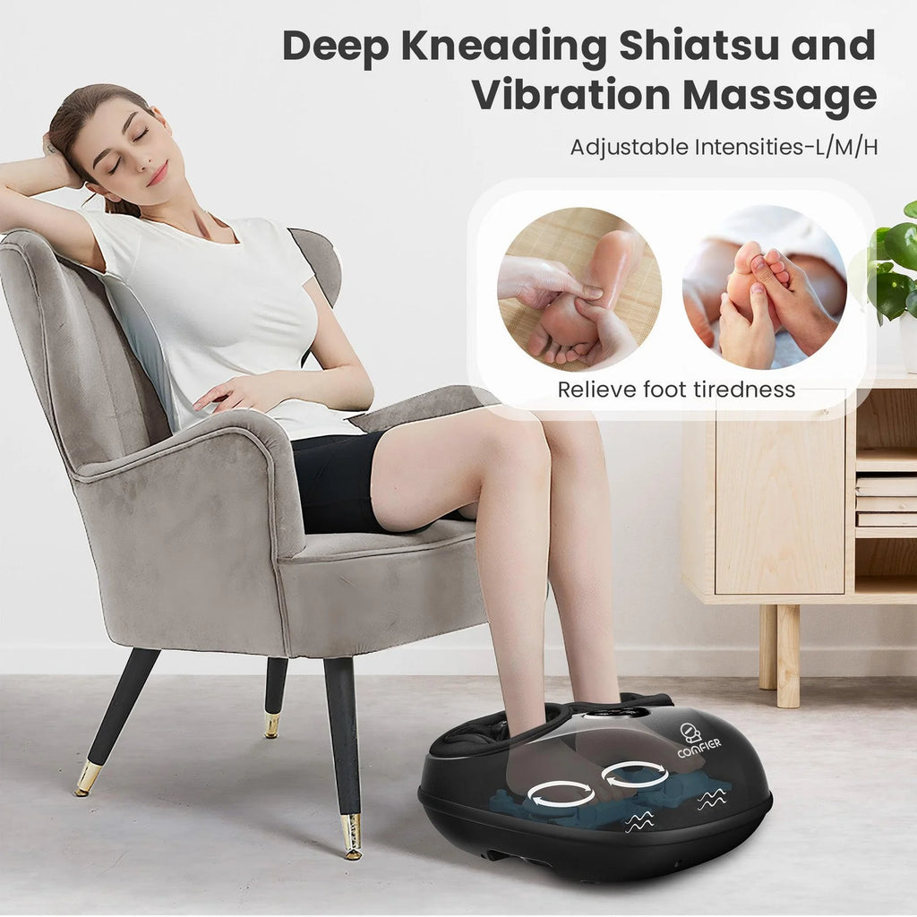 Woman using a foot massager with text on deep kneading, Shiatsu, and vibration massage.