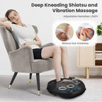 Woman using a foot massager with text on deep kneading, Shiatsu, and vibration massage.