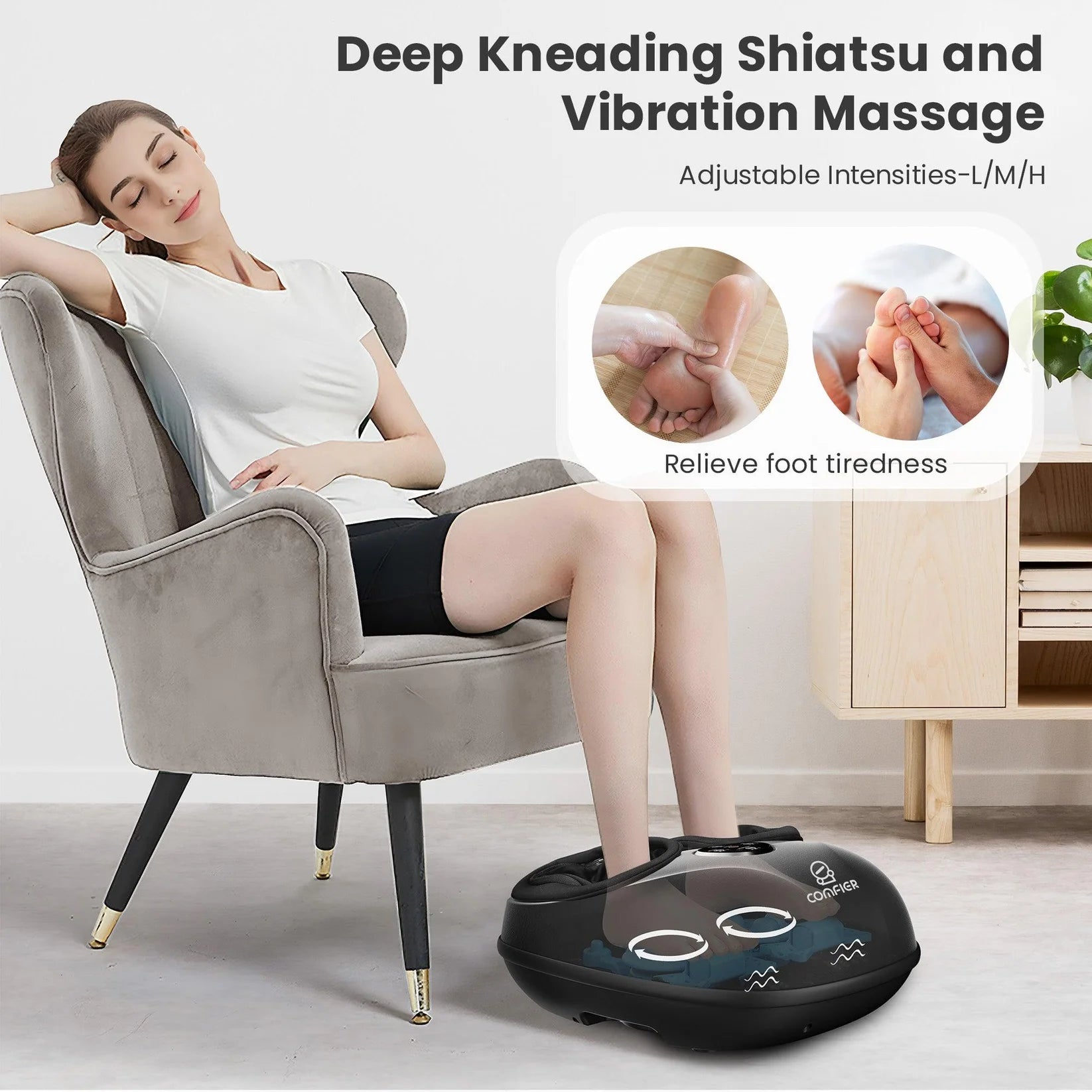 Woman using a foot massager with text on deep kneading, Shiatsu, and vibration massage.