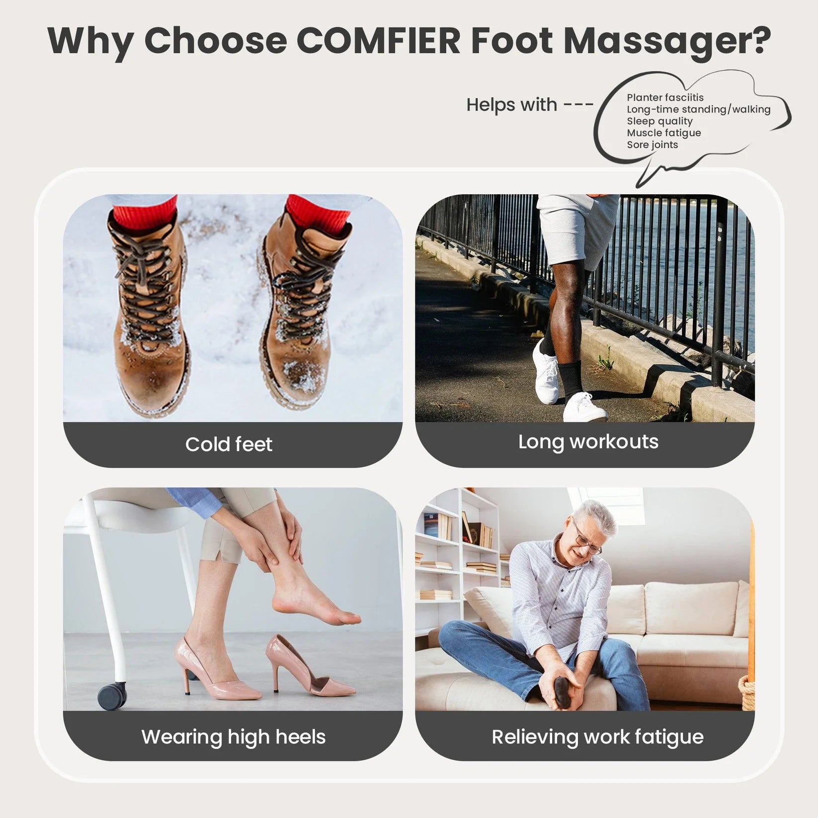 Promotional graphic for COMFIER Foot Massager showing its benefits for cold feet, long workouts, wearing high heels, and relieving work fatigue.