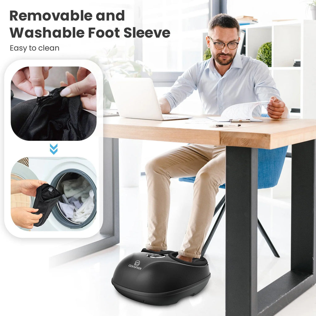 Person using a foot massager at a desk with washing machine inset showing removal of foot sleeve.