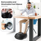 Person using a foot massager at a desk with washing machine inset showing removal of foot sleeve.