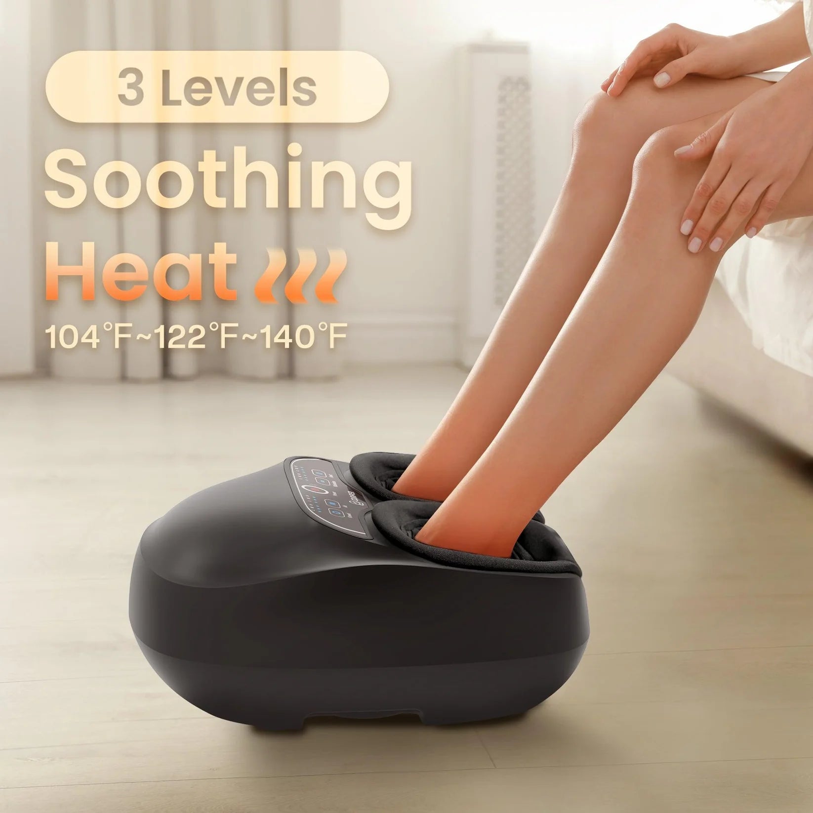Person using a foot massager with text indicating '3 Levels Soothing Heat' on a light background.