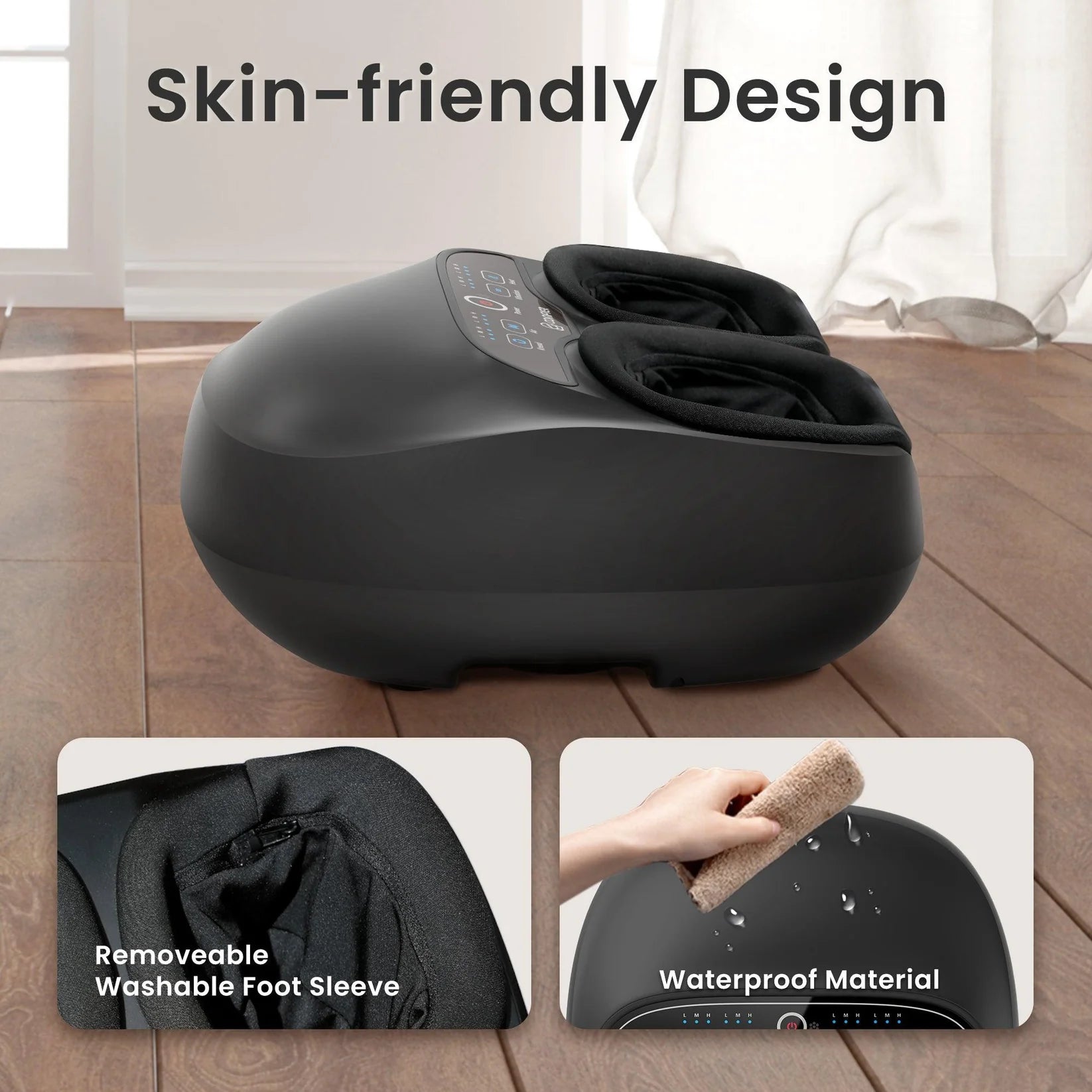 Black foot massager on a wooden floor with 'Skin-friendly Design' text and insets showing a washable foot sleeve and waterproof material.
