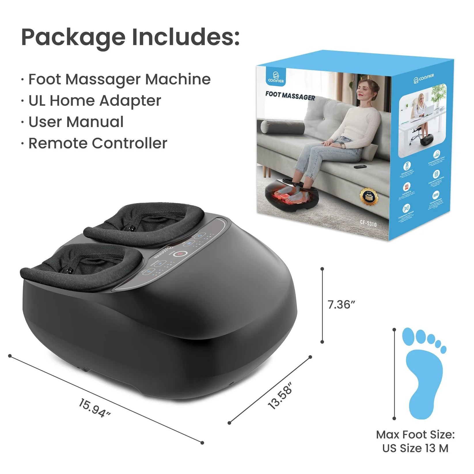 Black foot massager machine with packaging, dimensions, and included items listed.