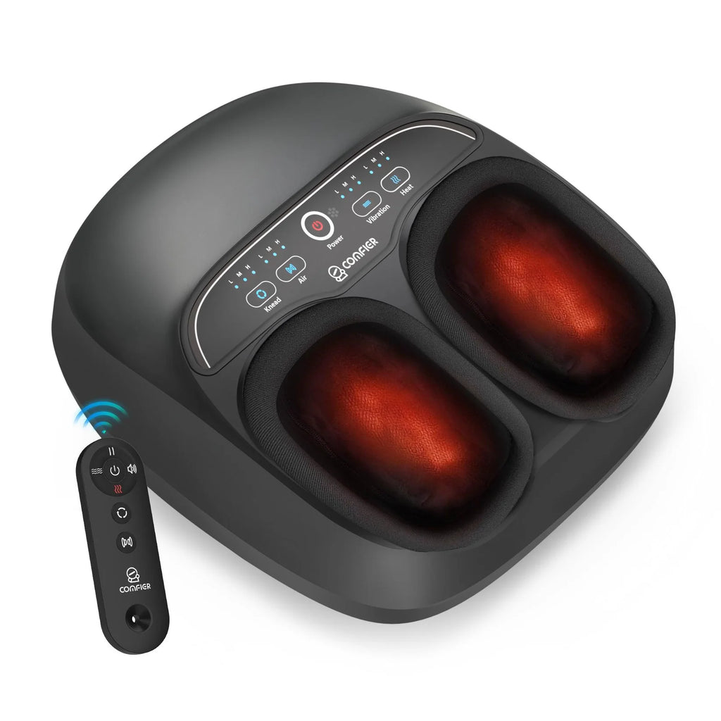 A black COOFREE foot massager with two glowing red heat zones and an accompanying black remote control, shown on a clean white background.
