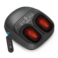 A black COOFREE foot massager with two glowing red heat zones and an accompanying black remote control, shown on a clean white background.