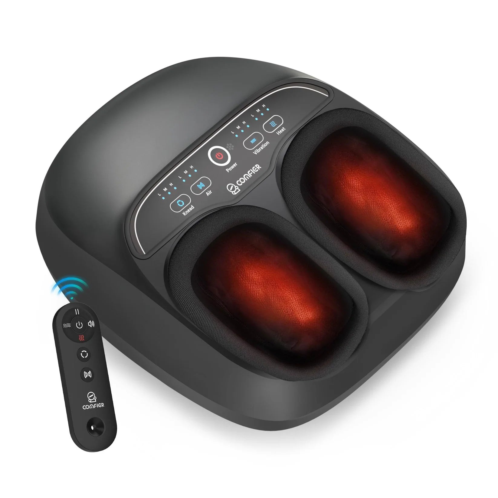 A black COOFREE foot massager with two glowing red heat zones and an accompanying black remote control, shown on a clean white background.
