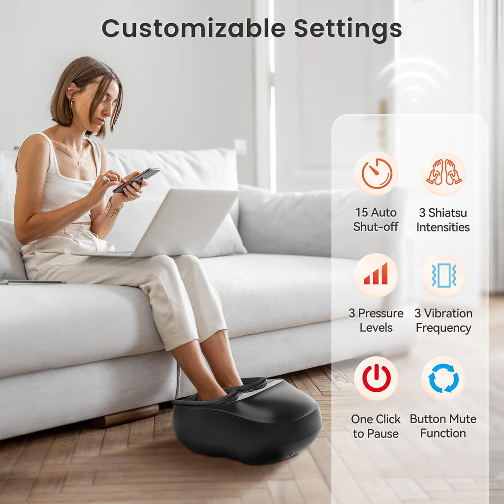 Woman using a foot massager with customizable settings displayed on a screen.