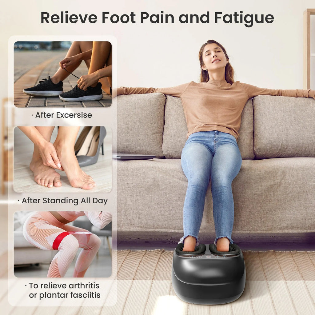 Woman using a foot massager with text on foot pain relief.