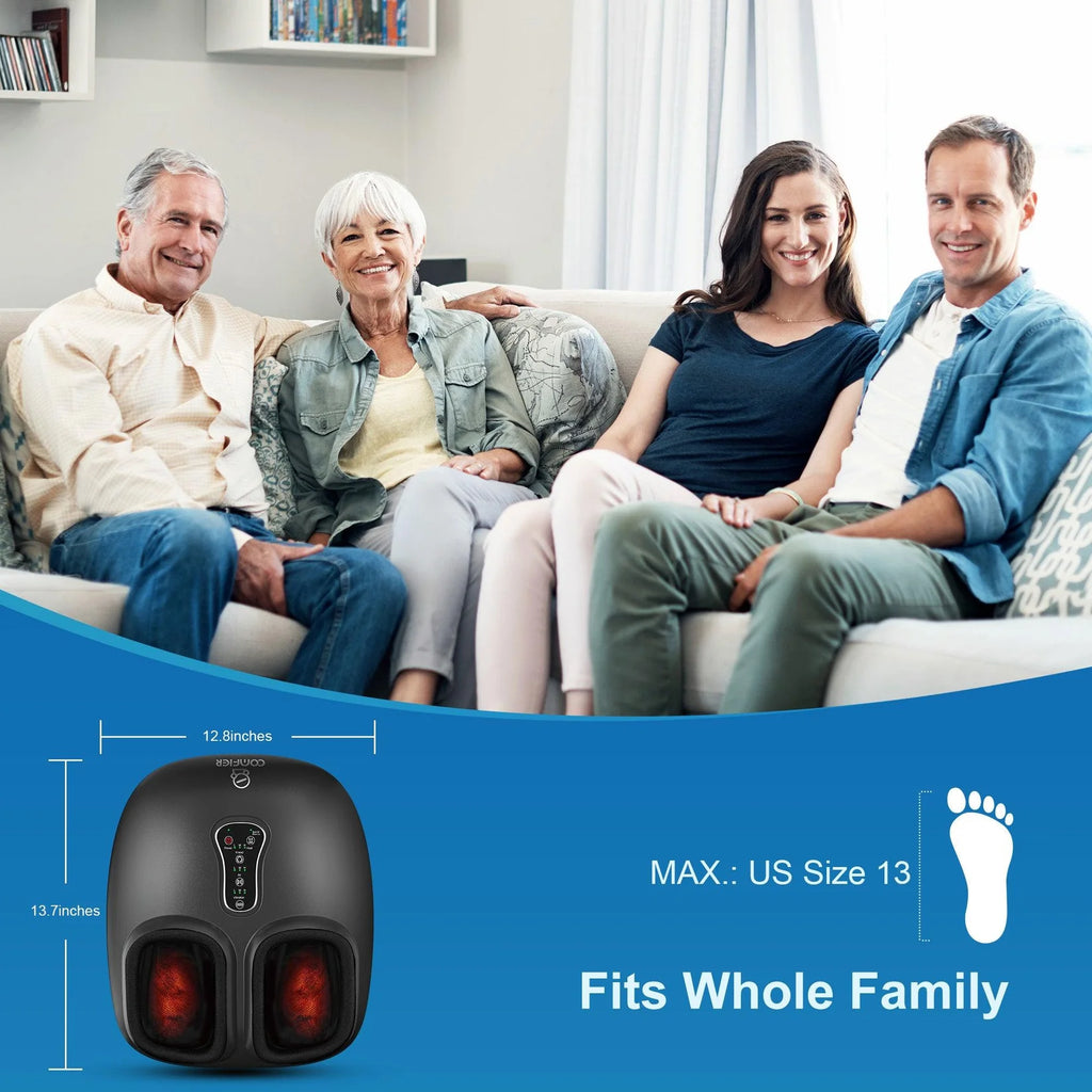 Family sitting together on a couch with a foot massager displayed below.