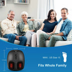 Family sitting together on a couch with a foot massager displayed below.