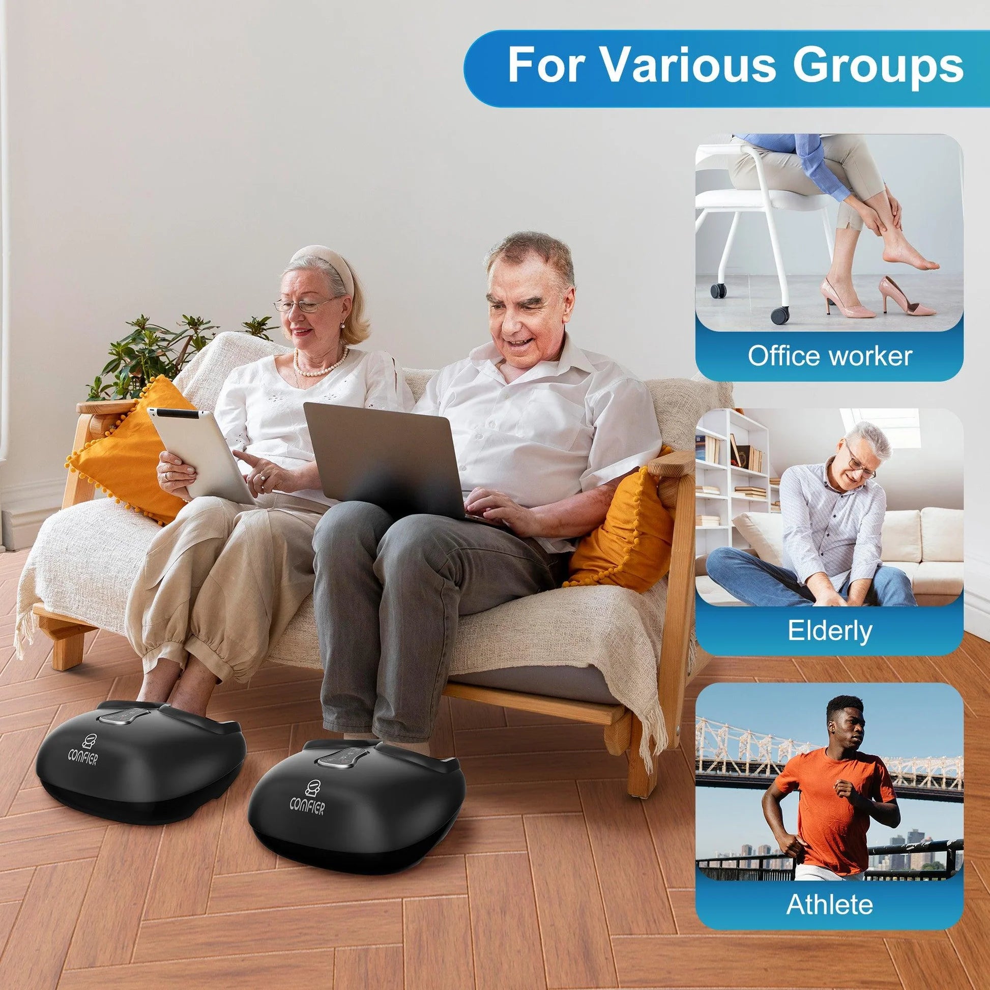 Two people using electronic devices on a couch with additional images of different users and product usage scenarios.