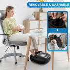 Woman using a foot massager in an office setting with a focus on its removable and washable feature.