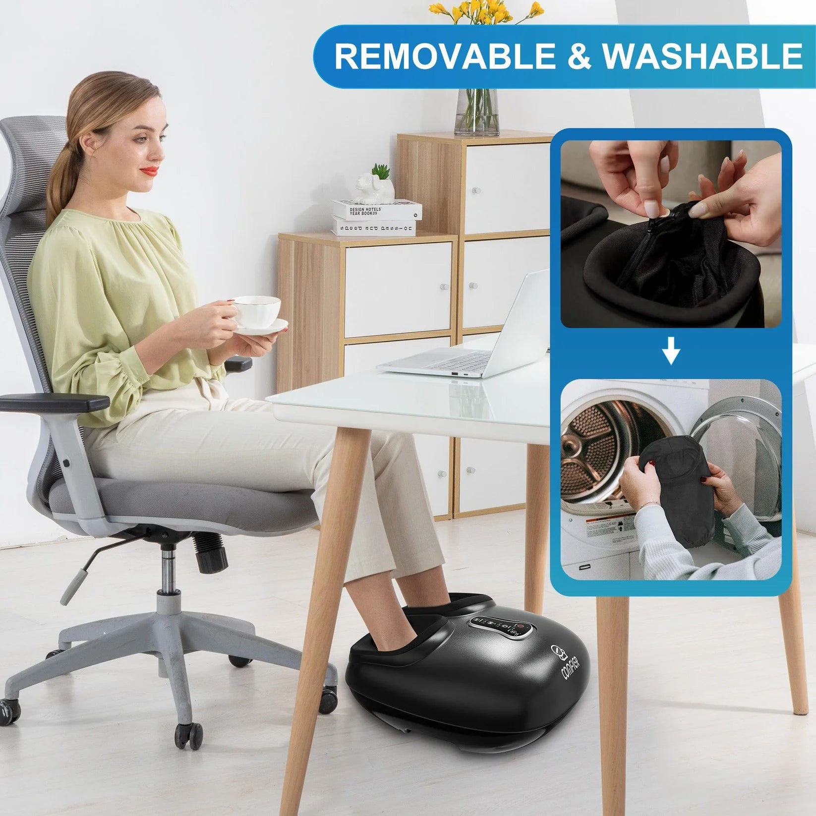 Woman using a foot massager in an office setting with a focus on its removable and washable feature.