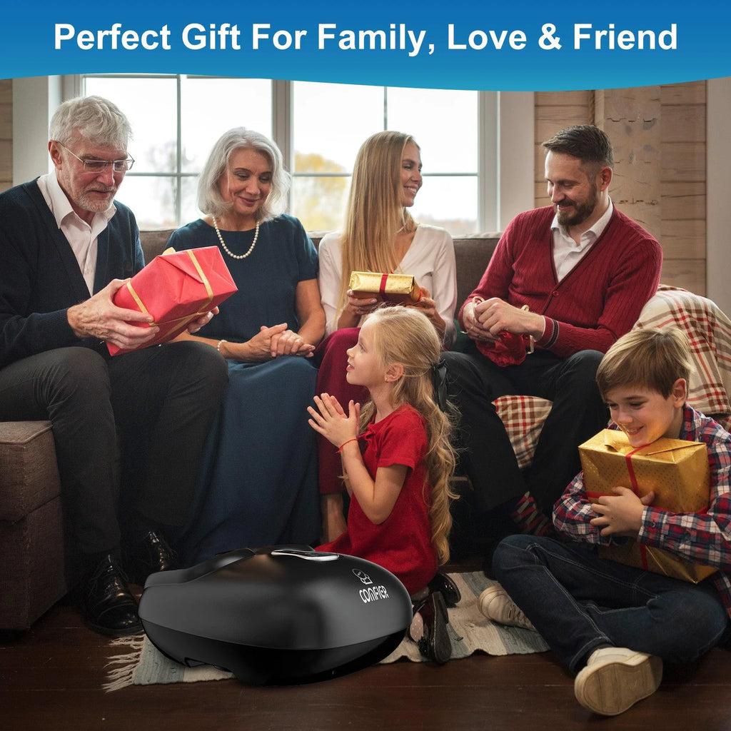Family and children gathered around a robot vacuum cleaner with gift boxes.