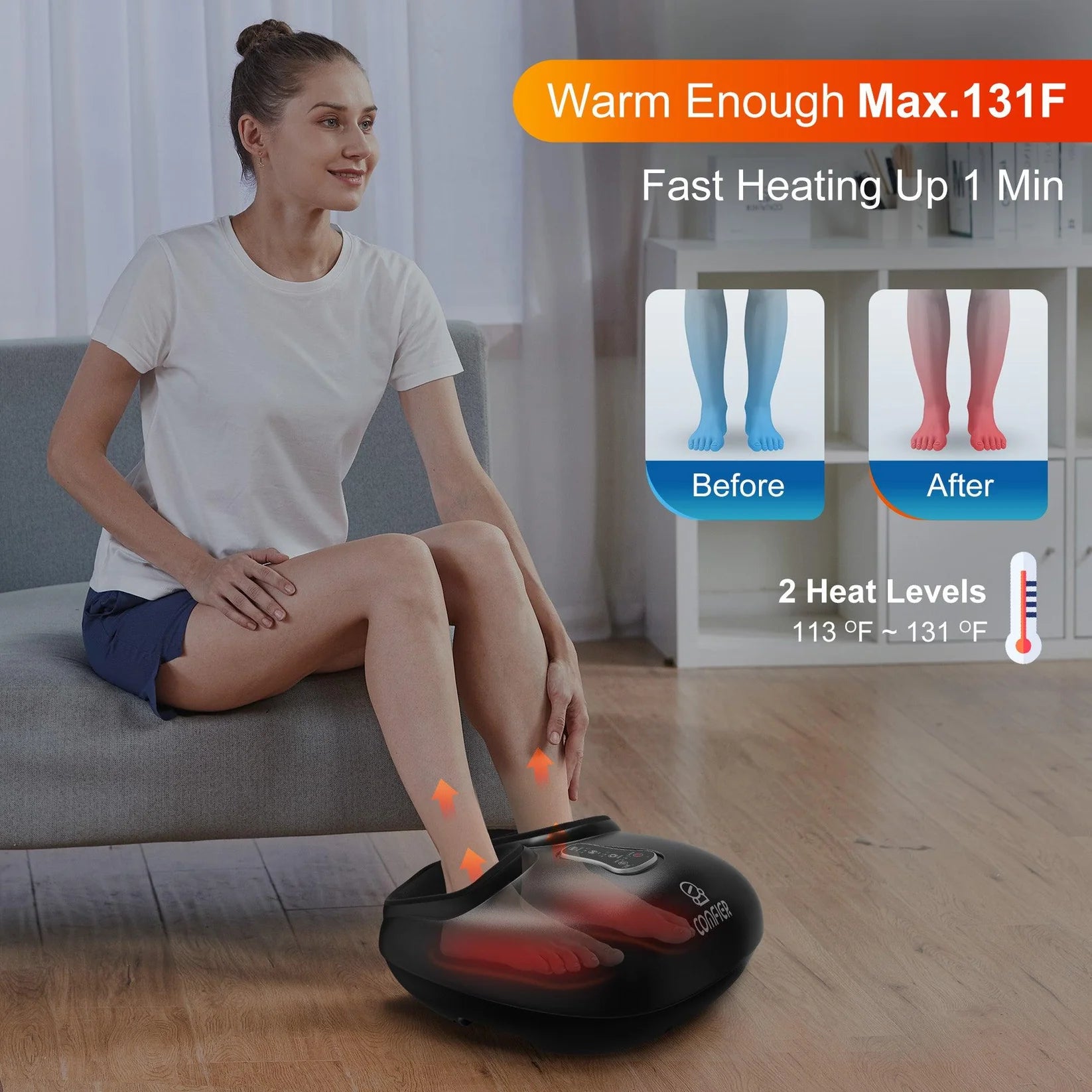 Woman using a foot massager with product features highlighted on a blurred background