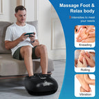 Man using a foot massager with product features highlighted on the side.