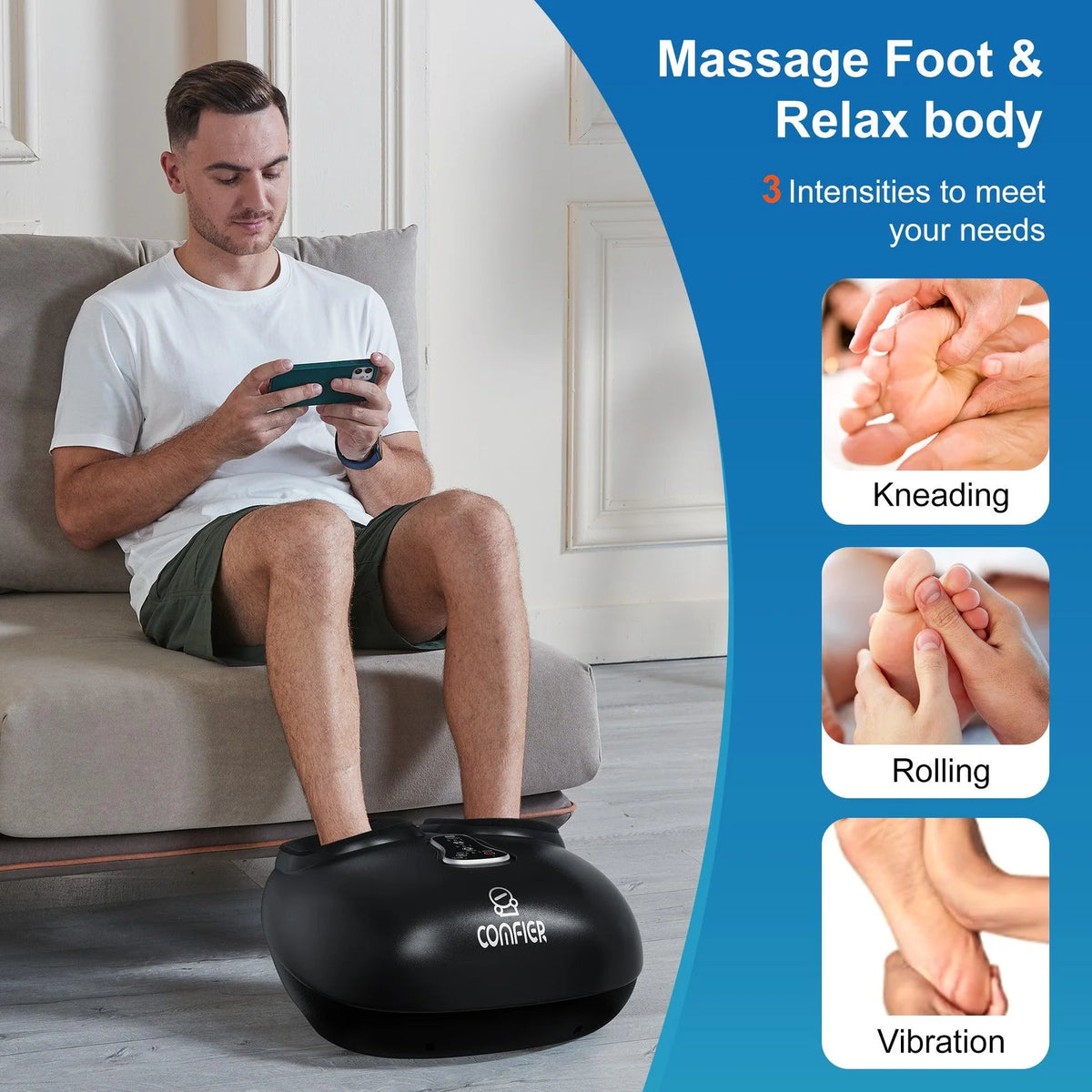 Man using a foot massager with product features highlighted on the side.