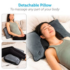 Woman using a detachable massage pillow on a couch with text indicating its versatility.
