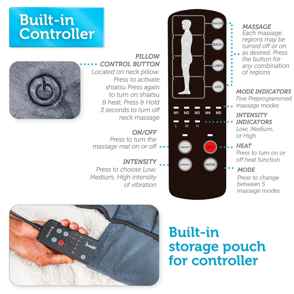 Comfier Heated Massage Pad with Movable Shiatsu Neck Massage Pillow | Full Body Vibration Massage Mat with Heat