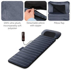Inflatable mat with features highlighted, including soft polyester fabric, detachable pillow with zipper, and pillow flap.