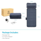 Massage mat with dimensions, adapter, and user manual on a white background