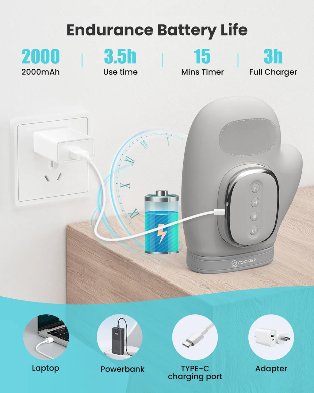Gray electronic device charging with text on endurance battery life and features.
