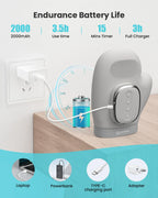 Gray electronic device charging with text on endurance battery life and features.