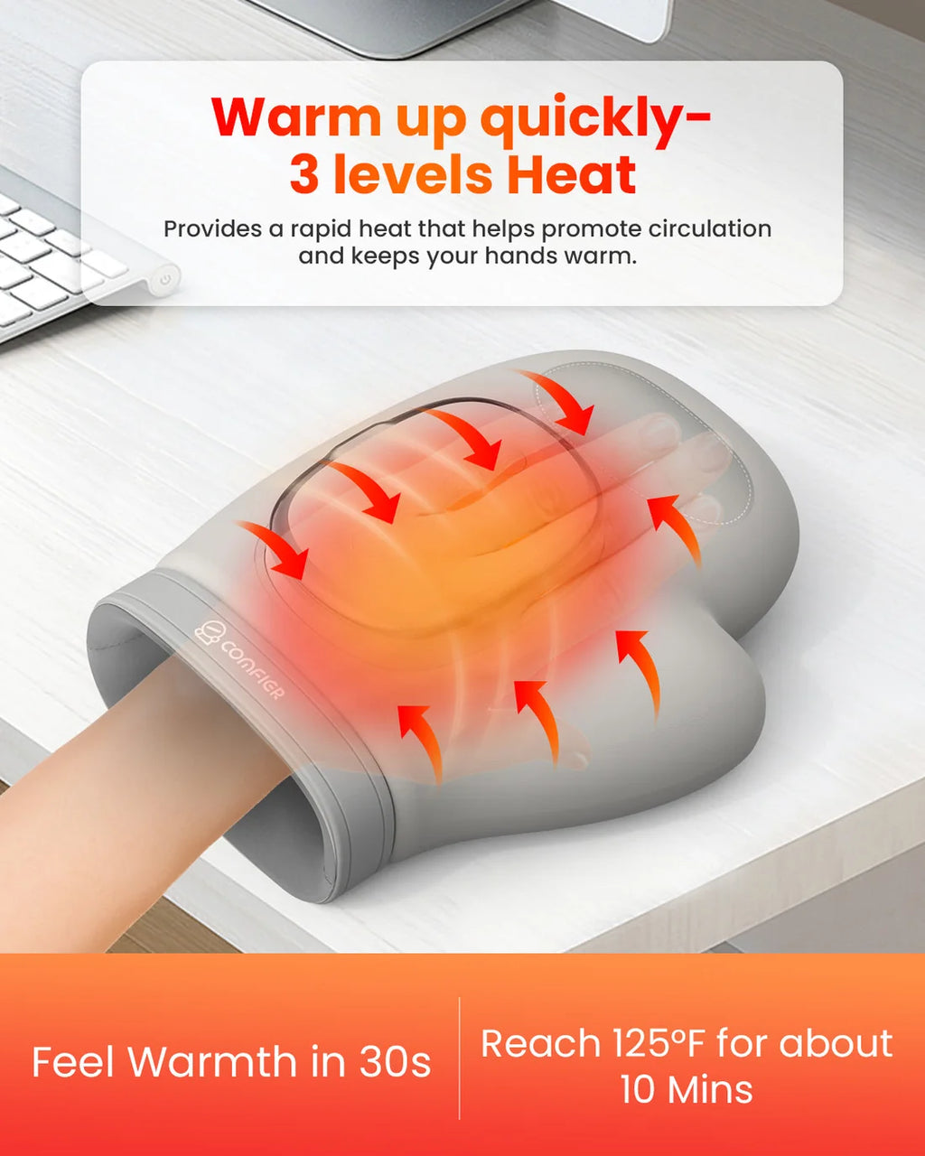 Gray heated glove with red heating elements and text about heat levels and warmth duration.