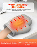 Gray heated glove with red heating elements and text about heat levels and warmth duration.