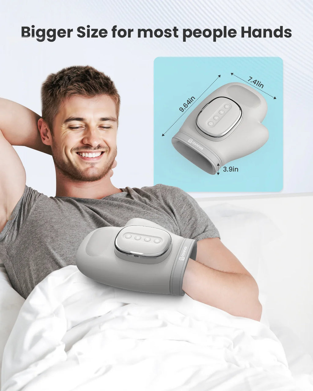 Man using a gray massager on his arm with product dimensions displayed.