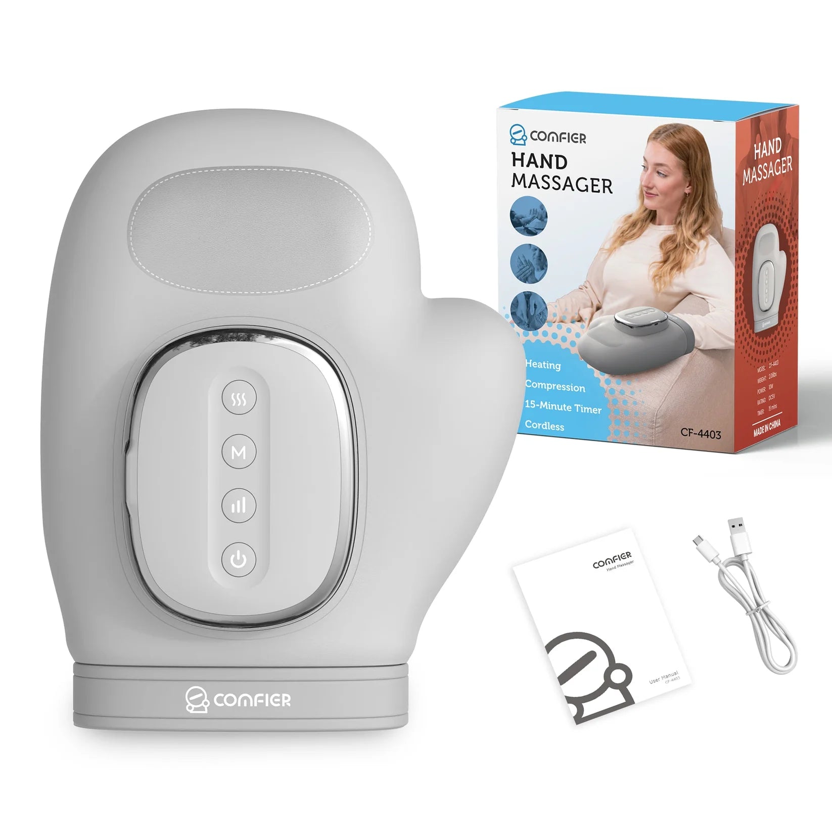 Hand massager with packaging, user manual, and cable on a white background