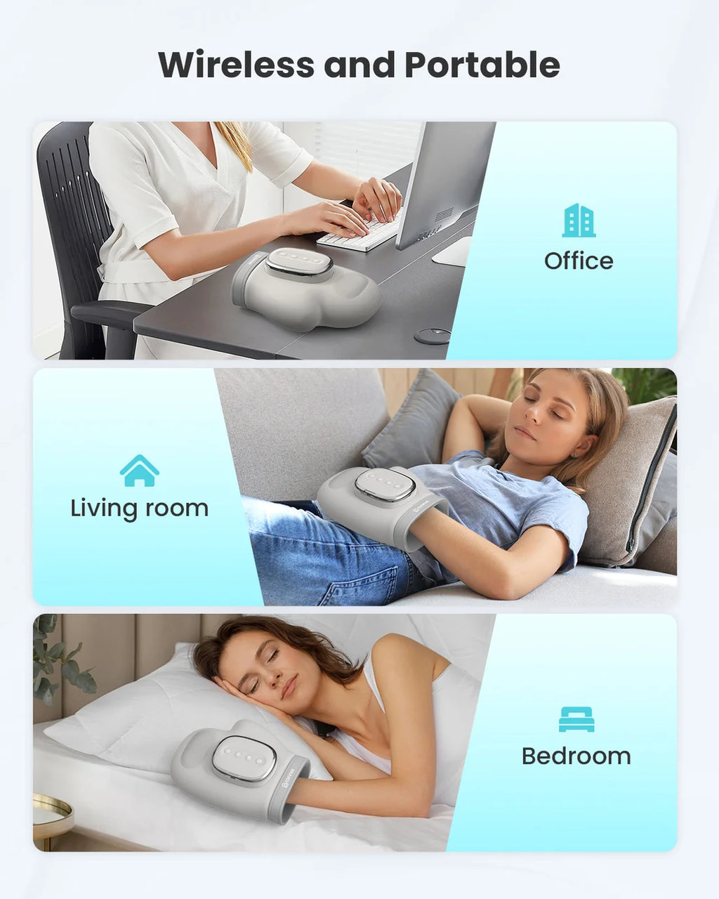 Portable pillow used in various settings including office, living room, and bedroom.