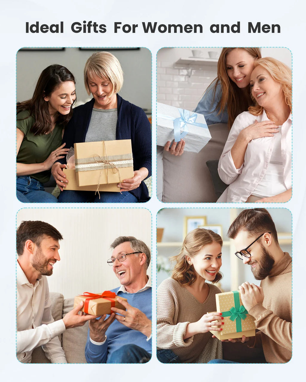 Collage of people exchanging gifts with text 'Ideal Gifts For Women and Men'.