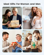 Collage of people exchanging gifts with text 'Ideal Gifts For Women and Men'.