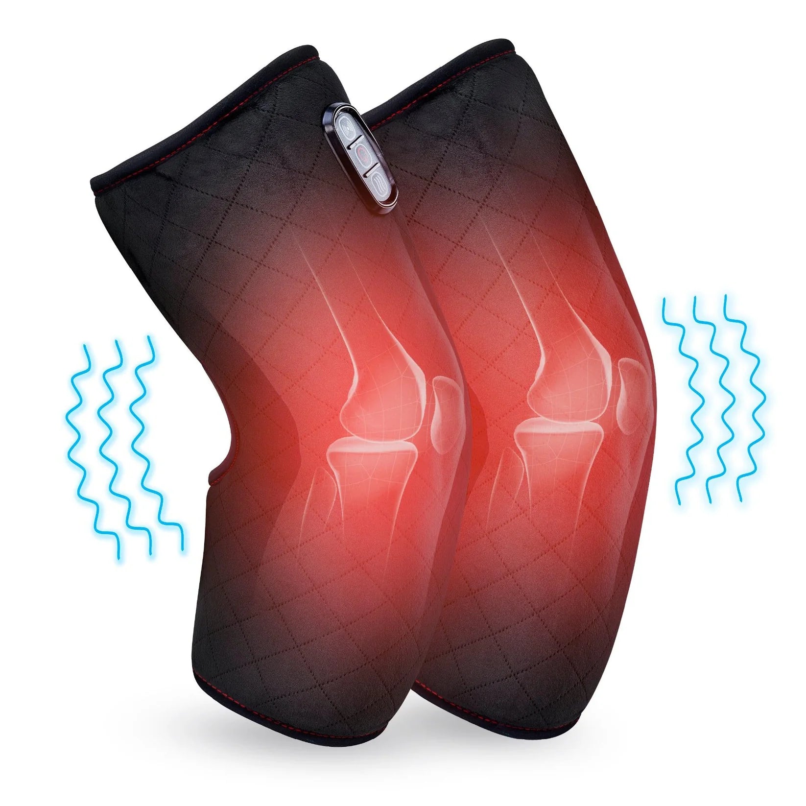 Black knee brace with red glow and blue wave graphics on a white background