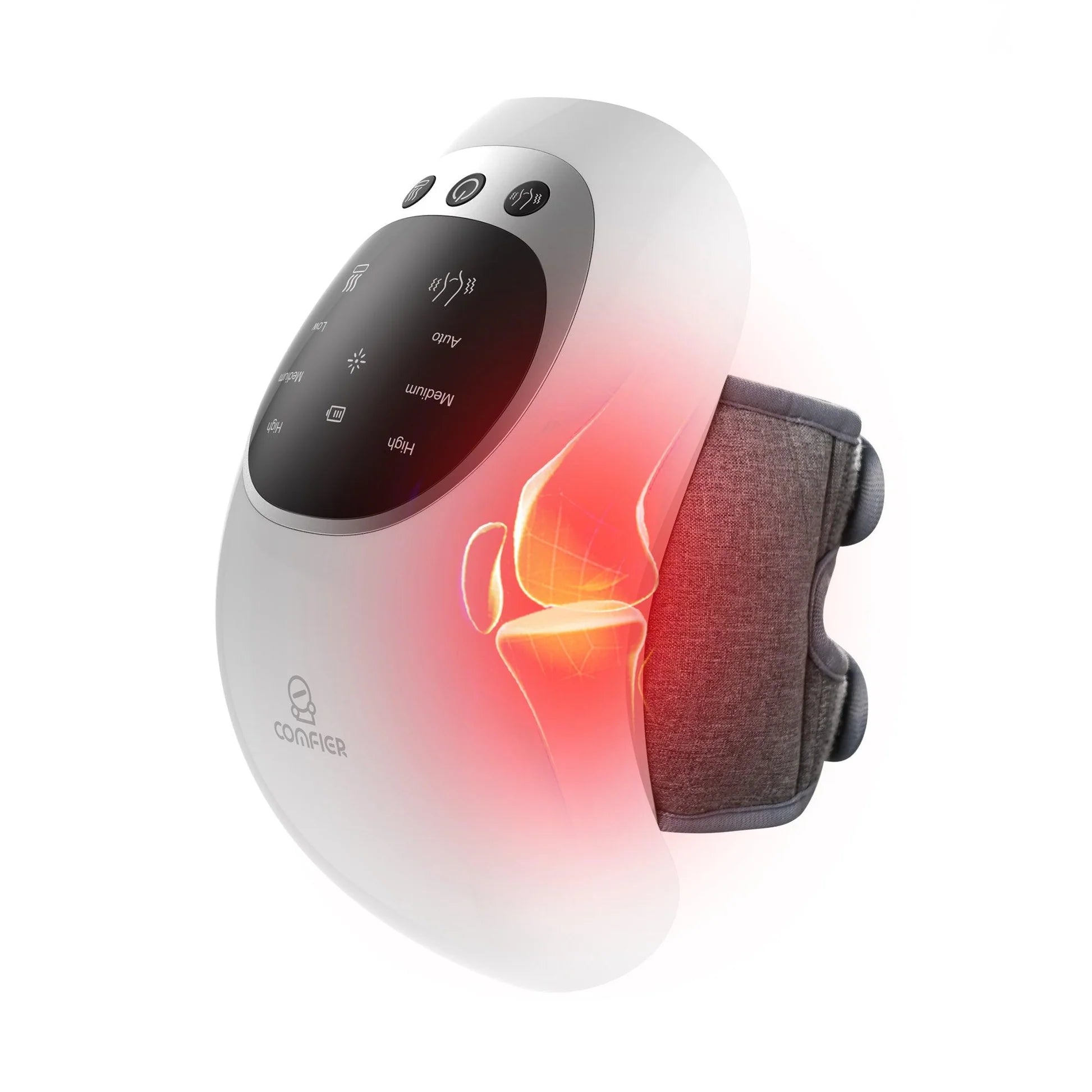 A compact white and black handheld device with a glowing red heat-light effect, shown against a plain white background. The device has a curved body, a digital control screen on top, and a dark gray fabric sleeve attached to the side.