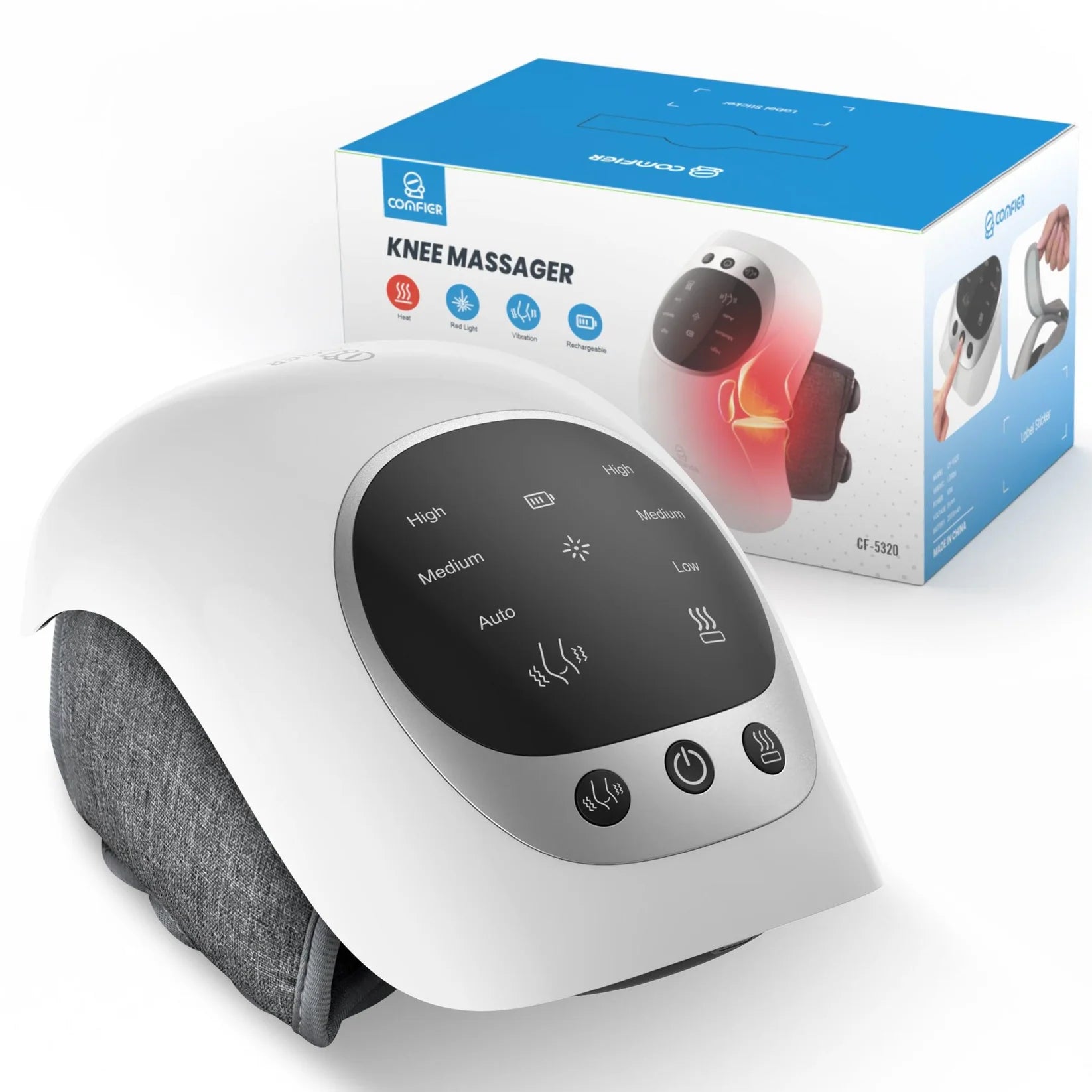A white and gray electric knee massager shown in front of its blue and white retail packaging box on a clean white background.