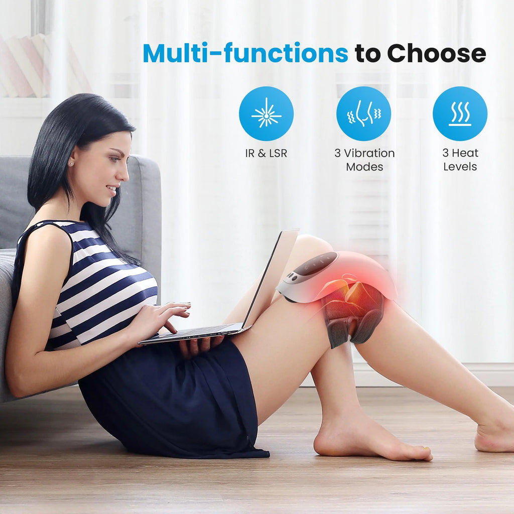 Woman using a knee brace with multiple functions displayed on screen