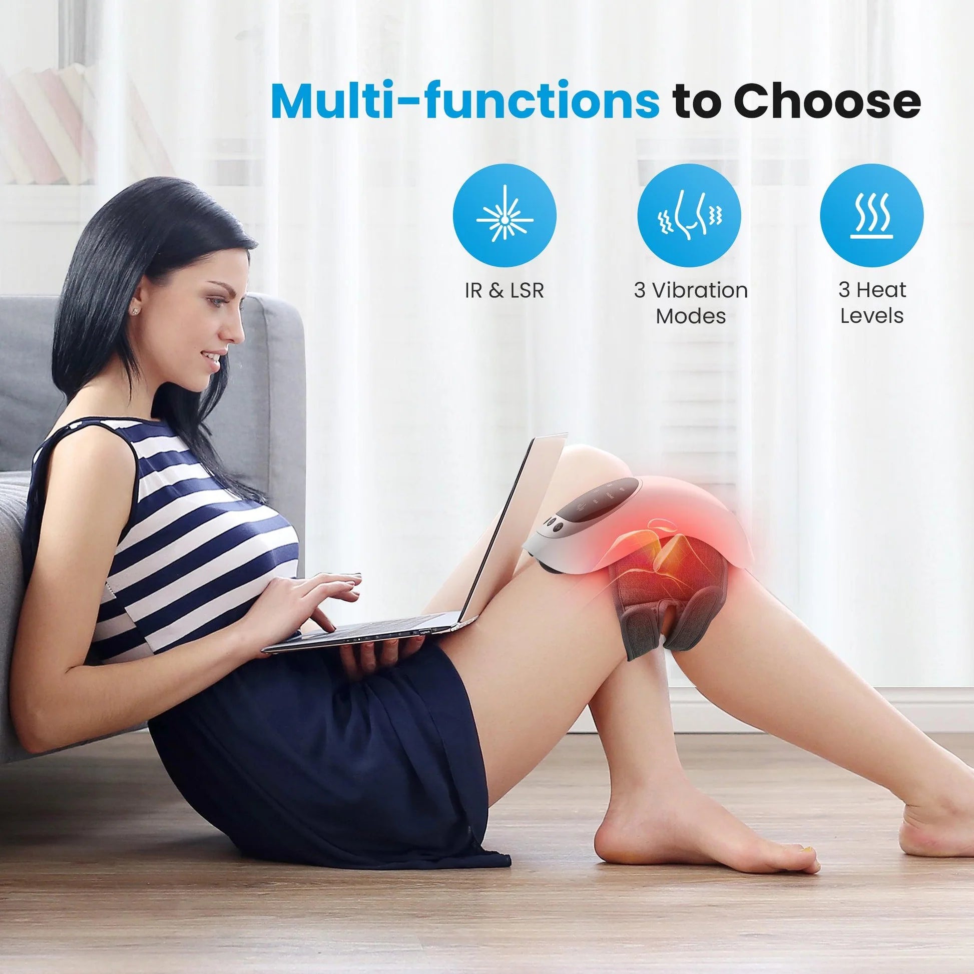 Woman using a knee brace with multiple functions displayed on screen