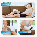 Woman using a knee, shoulder, and elbow massager on a couch.