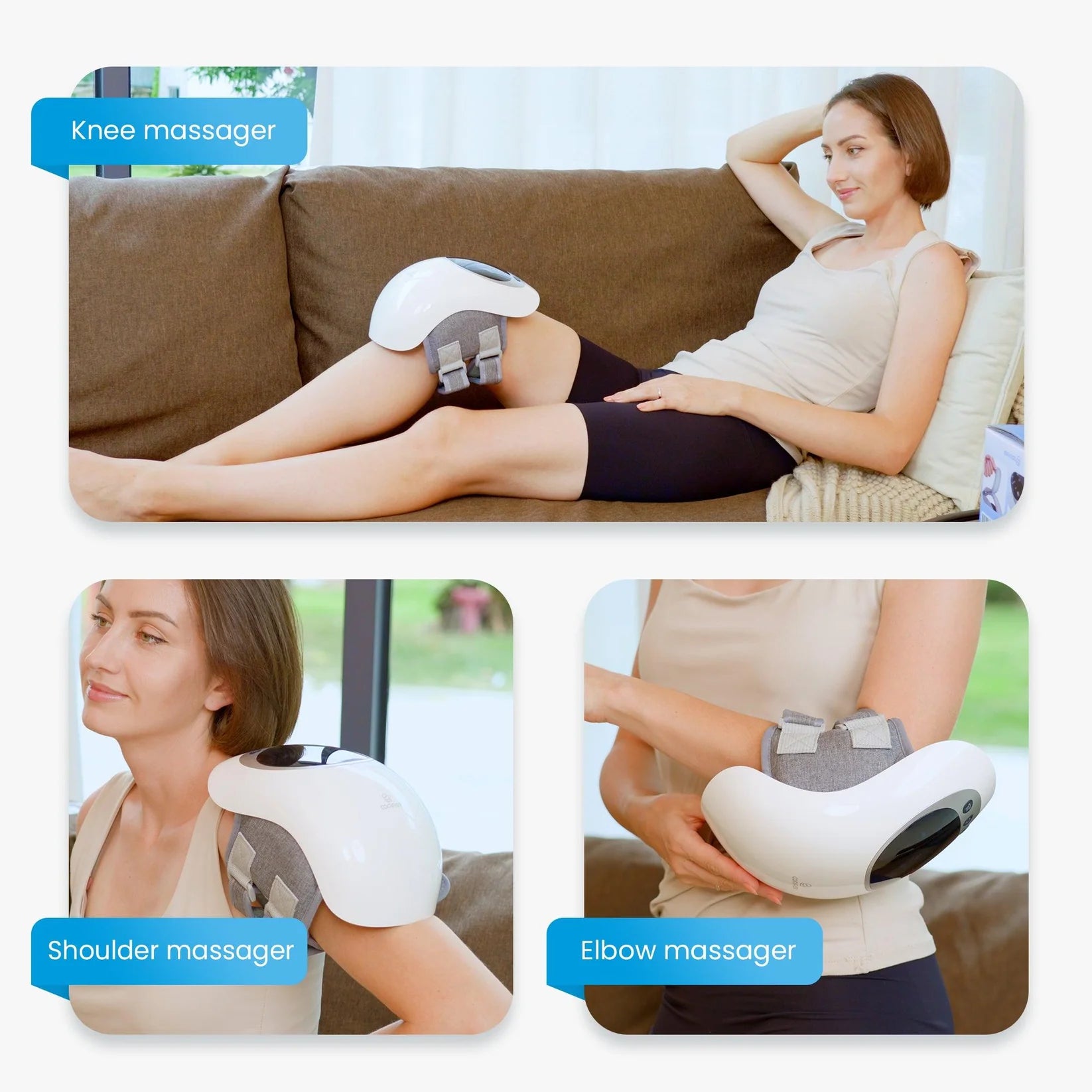 Woman using a knee, shoulder, and elbow massager on a couch.